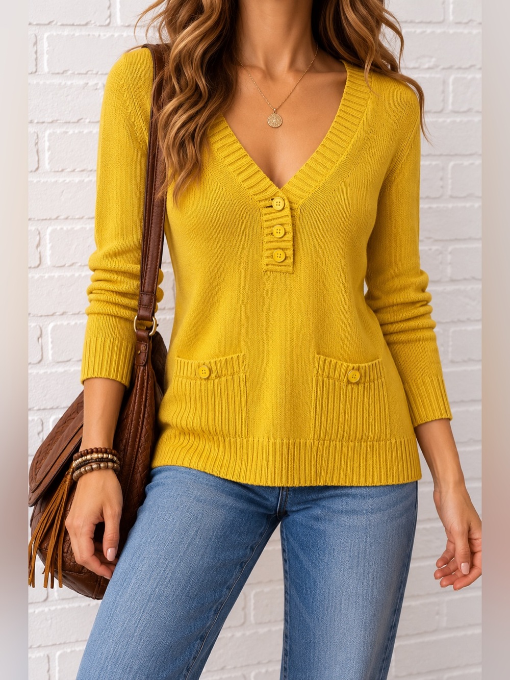 Jones New York Signature Yellow Cotton V Neck Sweater S Button Pocket Preppy